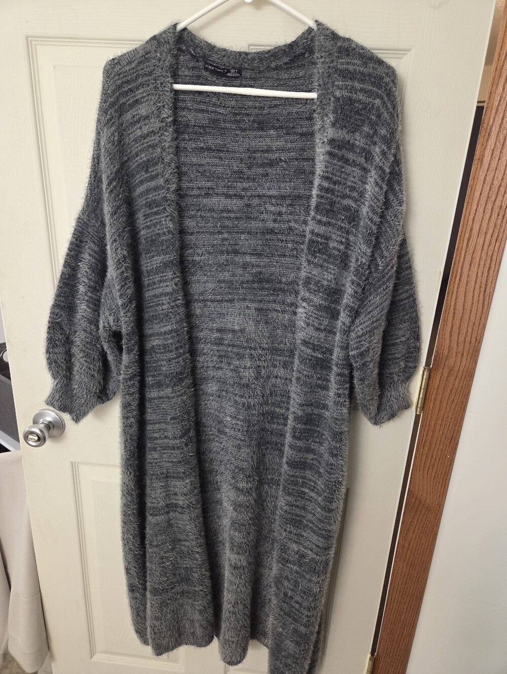 Cozy Open-Front Charcoal Gray Women's Eyelash Sweater Cardigan 3/4 Sleeve